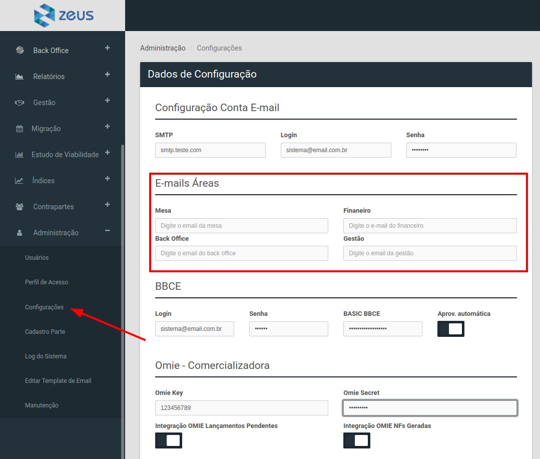 Tela de configurações do sistema